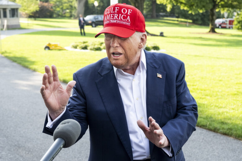 Photo of U.S. President Donald Trump wearing a hat that says "'Gulf of America. Yet another Trump development''