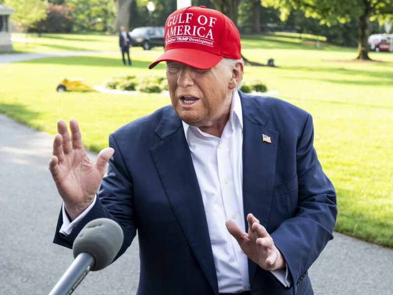 Photo of U.S. President Donald Trump wearing a hat that says "'Gulf of America. Yet another Trump development''