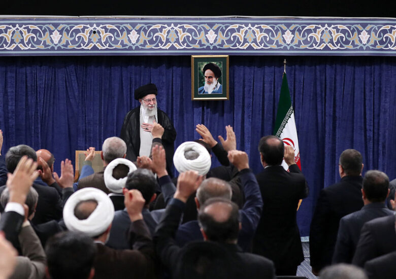 Photo of Iran's Supreme Leader Ayatollah Ali Khamenei speaking to a crowd.