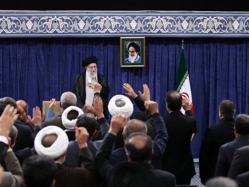 Photo of Iran's Supreme Leader Ayatollah Ali Khamenei speaking to a crowd.