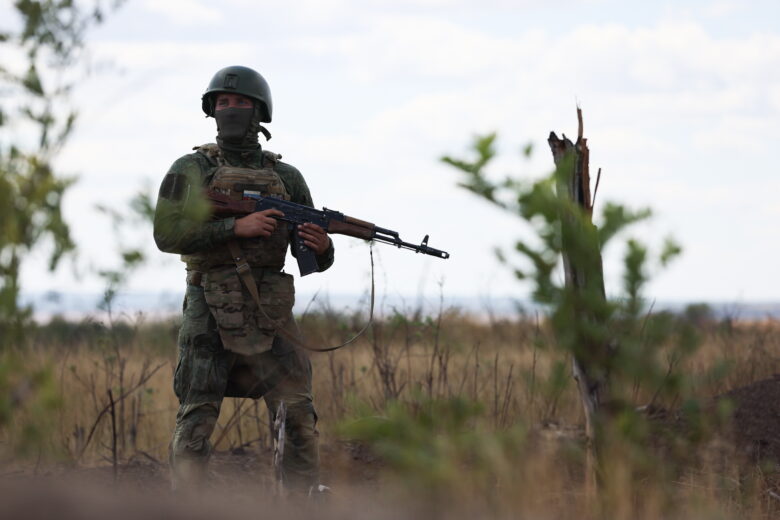 A serviceman of a Russian Army 6th Guards Lisichansk Brigade assault team undergoes firearm training.