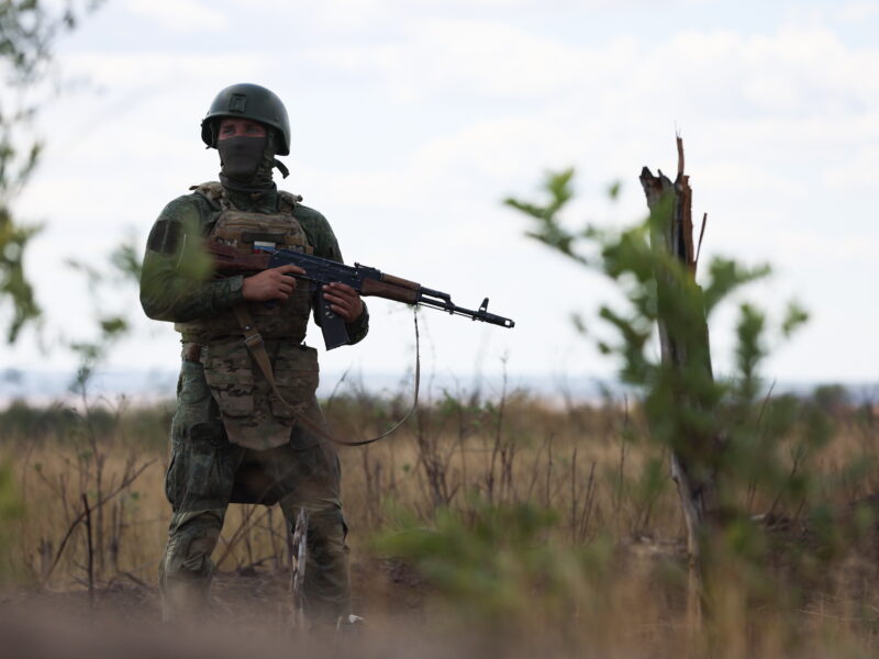 A serviceman of a Russian Army 6th Guards Lisichansk Brigade assault team undergoes firearm training.