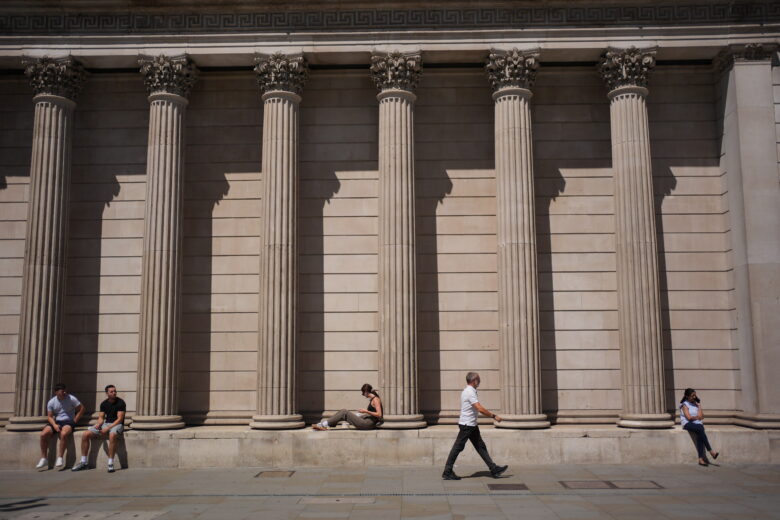 photo bank of england with big columns on summer day