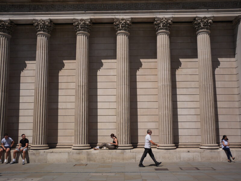 photo bank of england with big columns on summer day