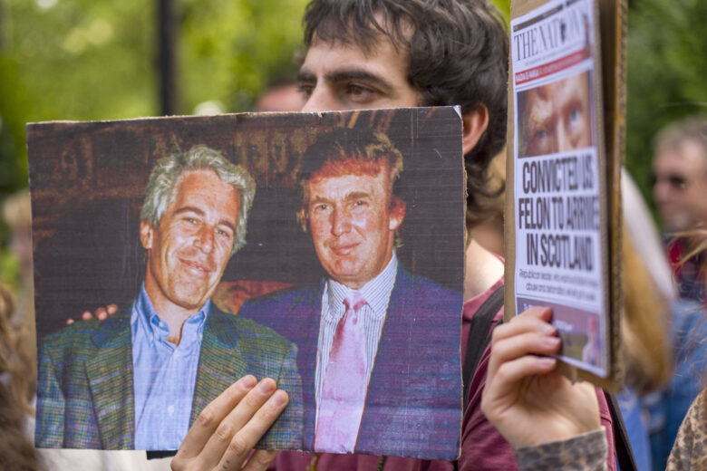A photo of Epstein and Trump at the Stop Trump Scotland protest outside the U.S. Consulate in Edinburgh, on July 26.