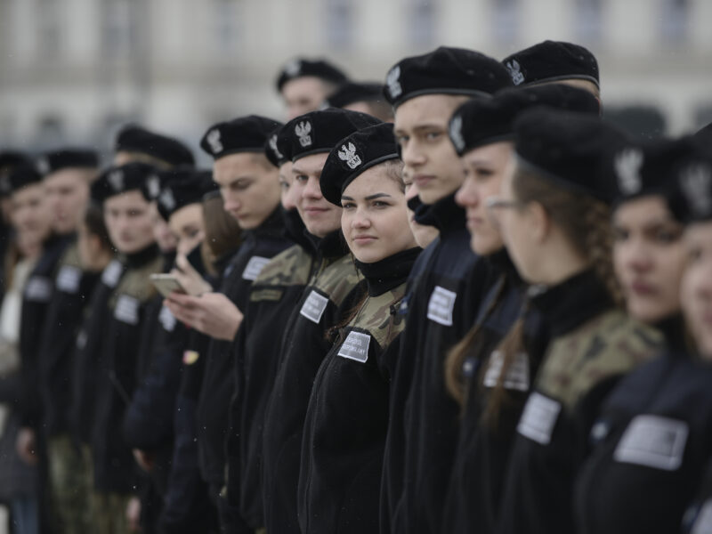Students from the Radoryz Smolany military school visit the Tomb of the Unknown Soldier in Warsaw, Poland on February 26, 2018.