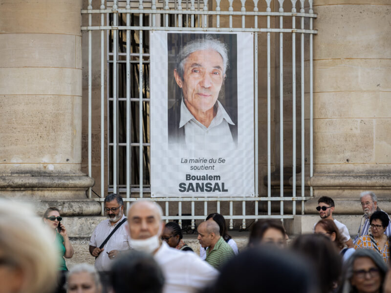 A poster in support to jailed writer Boualem Sansal seen on the facade of the Town Hall of Paris 5th arrondissement at Place du Pantheon in Paris, France on June 19, 2025.