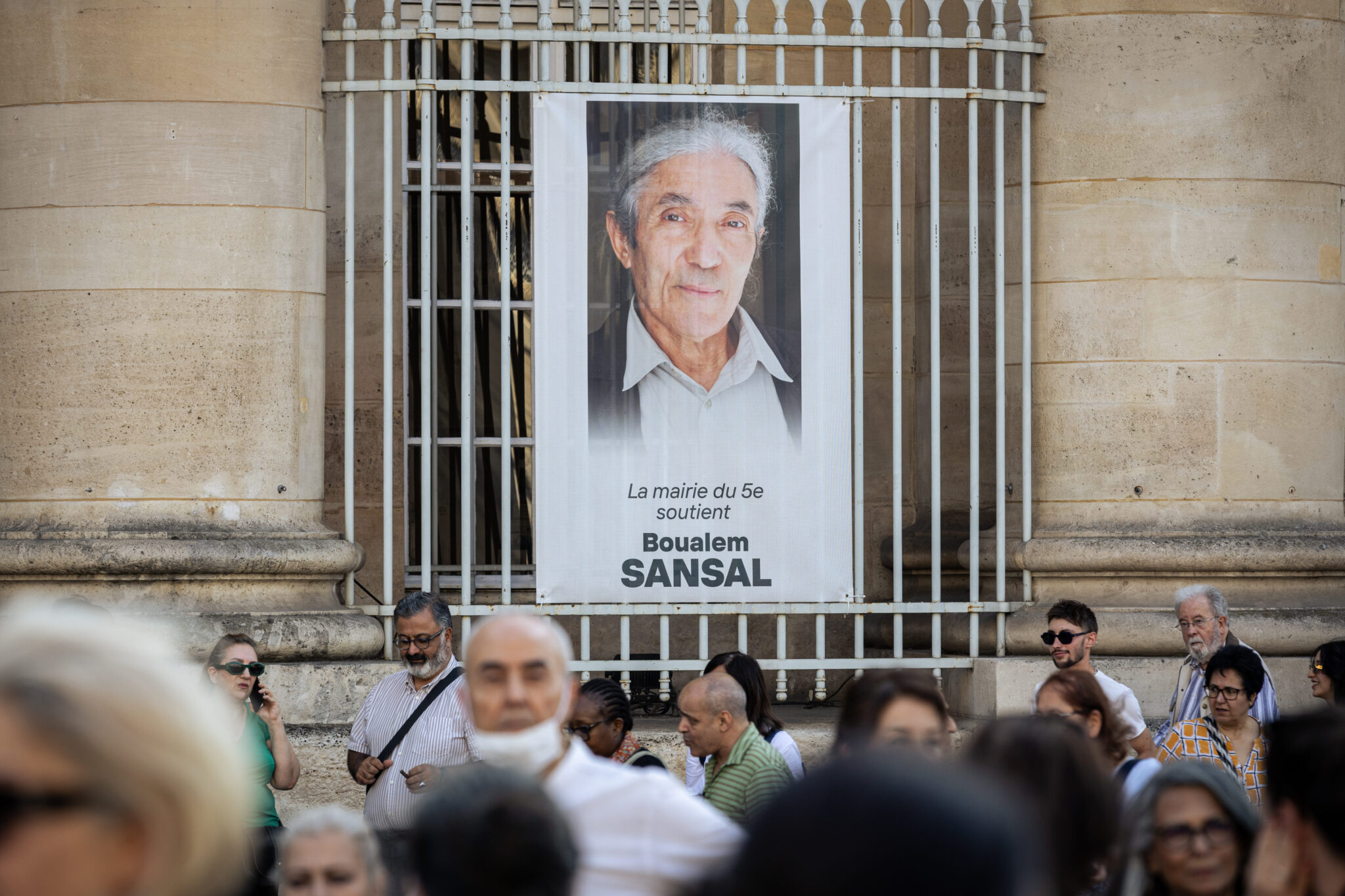 A poster in support to jailed writer Boualem Sansal seen on the facade of the Town Hall of Paris 5th arrondissement at Place du Pantheon in Paris, France on June 19, 2025.