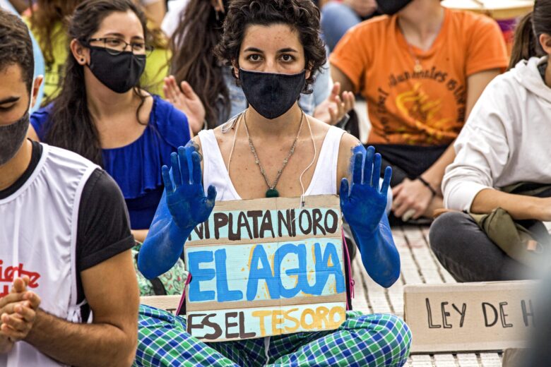 World Water Day on March 22, 2021, Buenos Aires, Argentina: a group environmentalist organizations called for a day of protest to demand that the state stops allowing extraction activities that affect the use of water, and demanded more effective policies so that drinking water reaches the entire population.