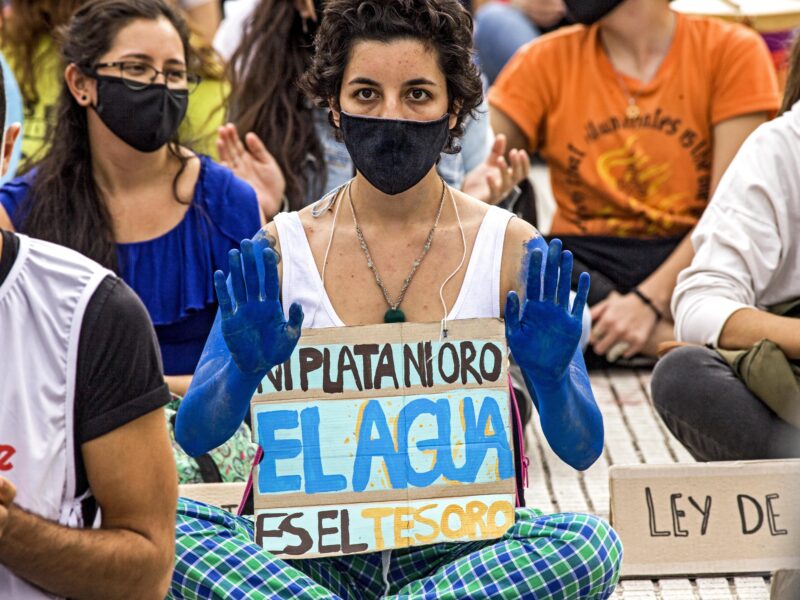 World Water Day on March 22, 2021, Buenos Aires, Argentina: a group environmentalist organizations called for a day of protest to demand that the state stops allowing extraction activities that affect the use of water, and demanded more effective policies so that drinking water reaches the entire population.