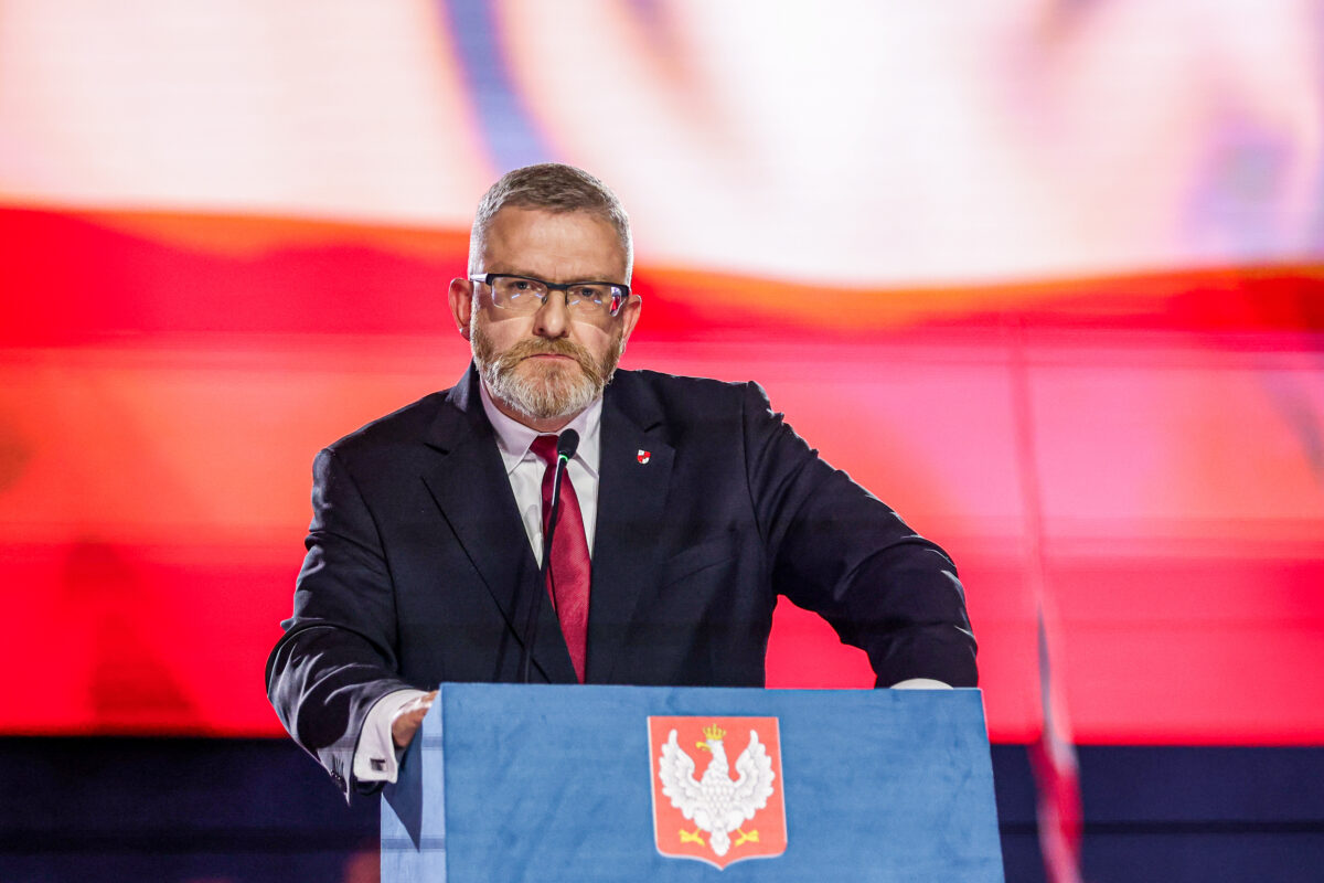 Grzegorz Braun, President of the Confederation of the Polish Crown (Konfederacja Korony Polskiej) and presidential candidate, at his rally ahead of the upcoming presidential election on April 12, 2025, in Krakow, Malopolskie, Poland.