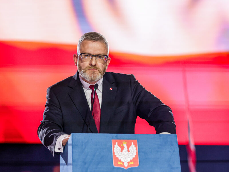 Grzegorz Braun, President of the Confederation of the Polish Crown (Konfederacja Korony Polskiej) and presidential candidate, at his rally ahead of the upcoming presidential election on April 12, 2025, in Krakow, Malopolskie, Poland.