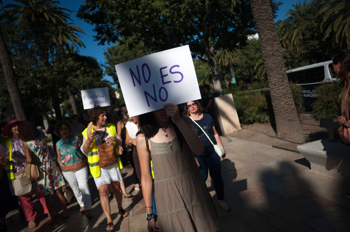 A woman protesting on July 8, 2019 in Malaga, Spain in support of the young woman raped in the 'La Manada' case.