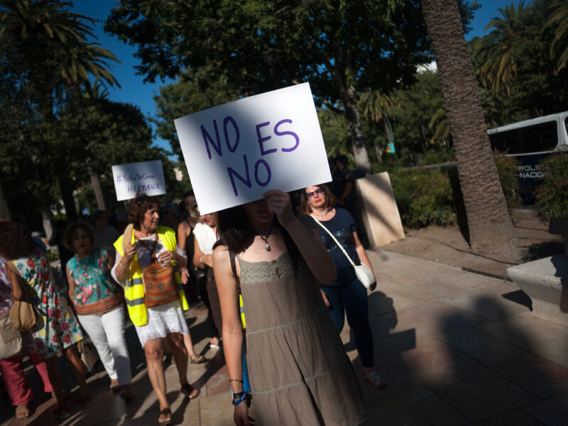 A woman protesting on July 8, 2019 in Malaga, Spain in support of the young woman raped in the 'La Manada' case.