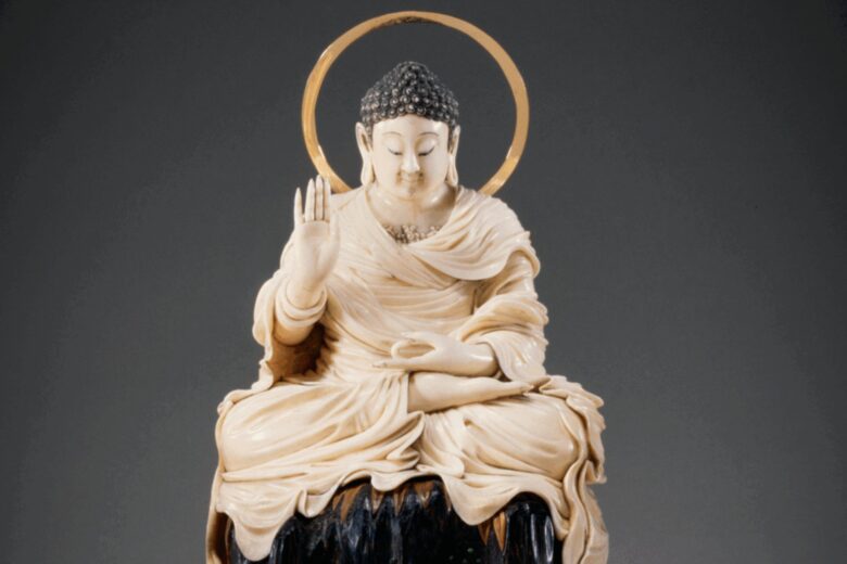 A 19th century Seated Buddha (Meiji era) made of ivory and gold, Japan.