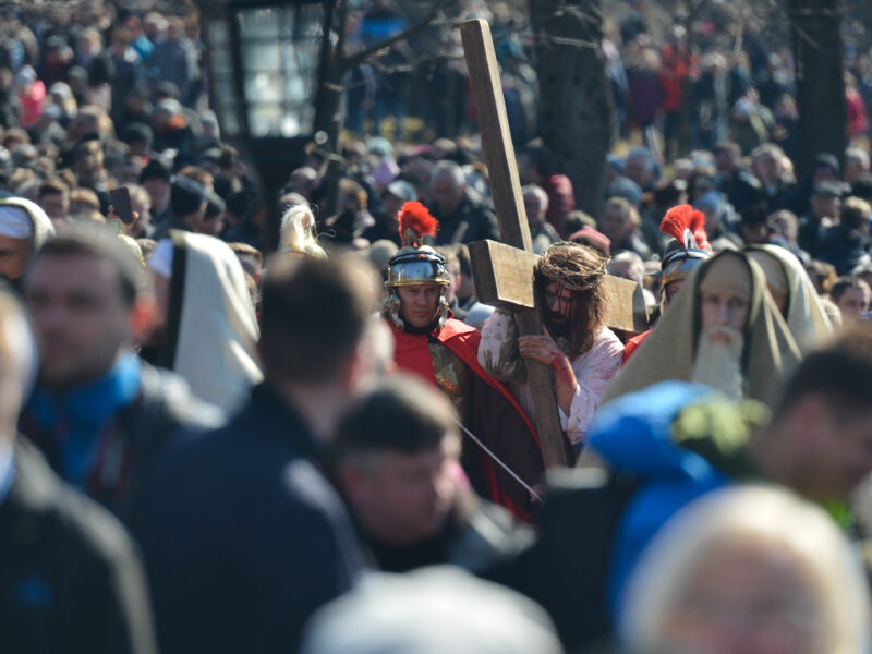 Jesus carries the cross, a scene from a reenactment of the Way of the Cross in Kalwaria Zebrzydowska onn Friday, March 30, 2018, in Kalwaria Zebrzydowska, Poland.