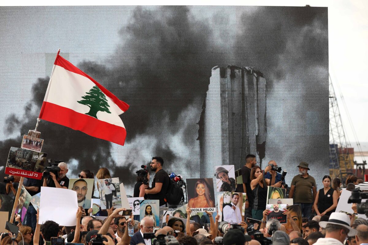 People take part in a march to commemorate the victims of the Beirut port blast in Beirut, Lebanon, on Aug. 4, 2025. Hundreds of people gathered in Martyrs' Square and marched toward the port to commemorate the tragedy.