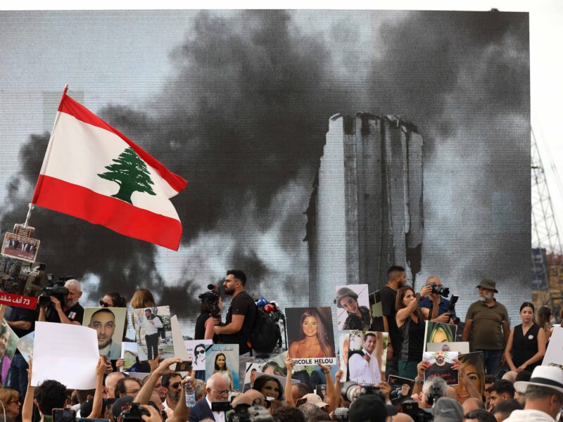 People take part in a march to commemorate the victims of the Beirut port blast in Beirut, Lebanon, on Aug. 4, 2025. Hundreds of people gathered in Martyrs' Square and marched toward the port to commemorate the tragedy.