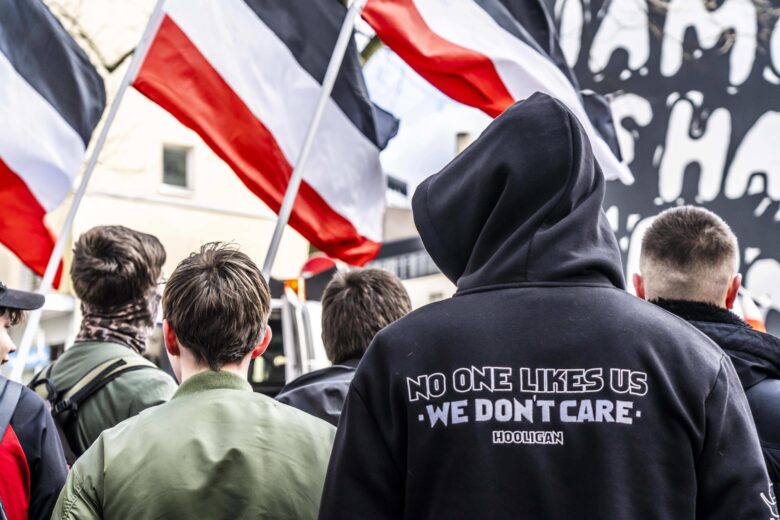 March 15, 2025, Essen, Germany: The neo-Nazi group Jung und Stark, JS, demonstrates in the city center of Essen