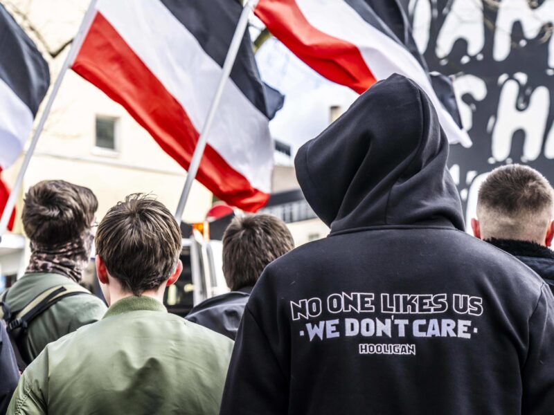 March 15, 2025, Essen, Germany: The neo-Nazi group Jung und Stark, JS, demonstrates in the city center of Essen