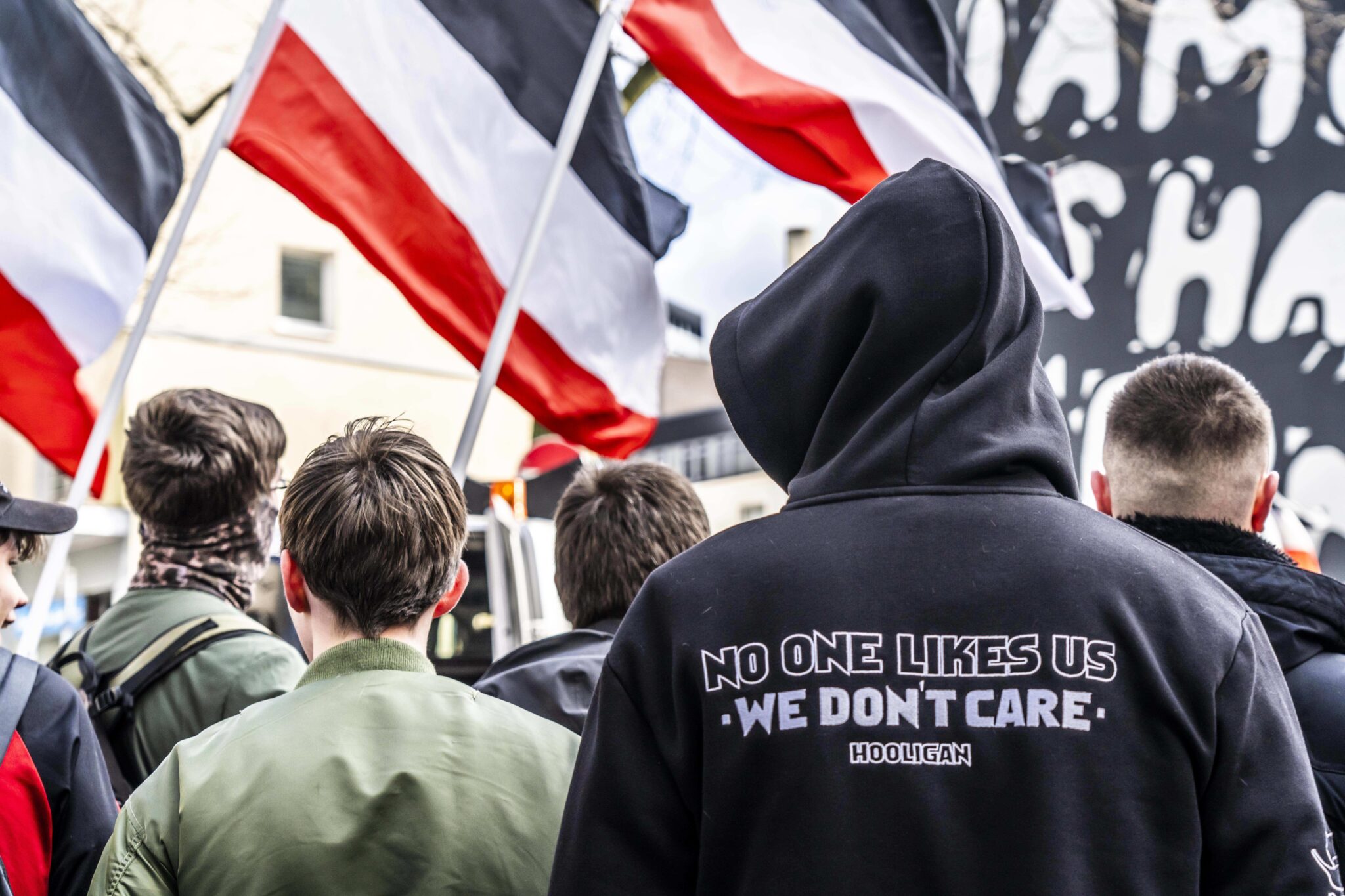 March 15, 2025, Essen, Germany: The neo-Nazi group Jung und Stark, JS, demonstrates in the city center of Essen
