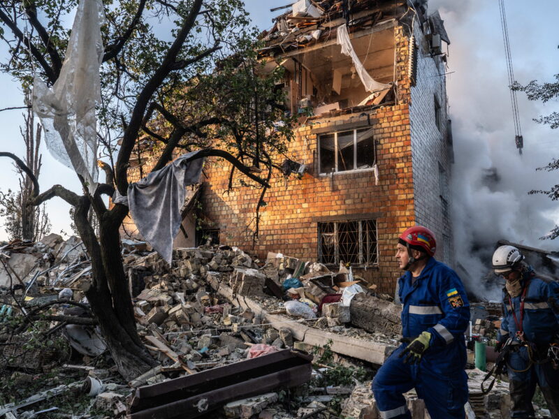 August 28, 2025, Kyiv, Ukraine: Ukrainian emergency services are seen at the site of an overnight air strike on civilian apartment building.