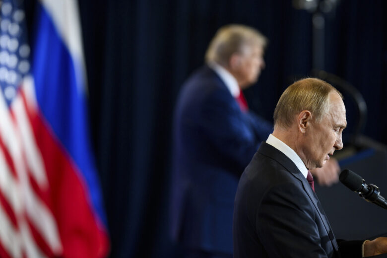 August 15, 2025, Anchorage, Ak, United States of America: Russian President Vladimir Putin, right, delivers remarks as U.S. President Donald Trump, left, looks on during a joint press statement
