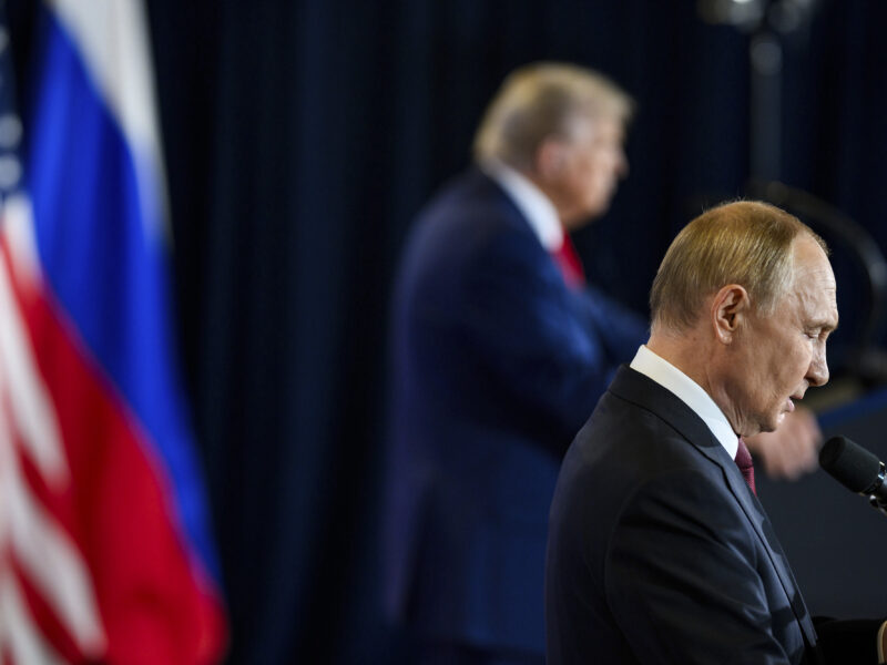 August 15, 2025, Anchorage, Ak, United States of America: Russian President Vladimir Putin, right, delivers remarks as U.S. President Donald Trump, left, looks on during a joint press statement