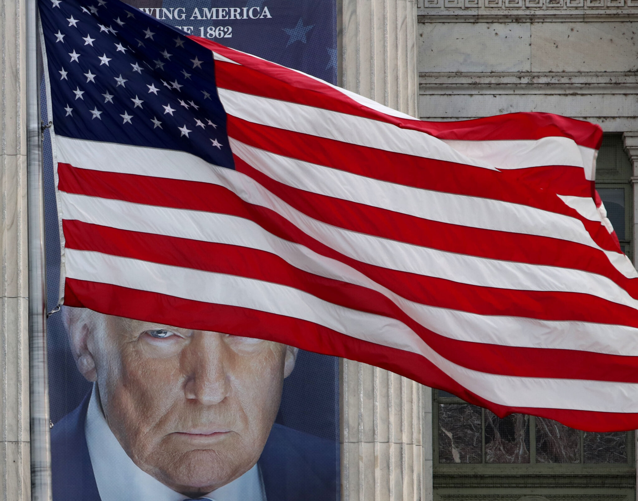 June 13, 2025, Washington Dc, Virginia, USA: The Inaugural portrait of President Donald Trump is displayed on the USDA building overlooking the National Mall