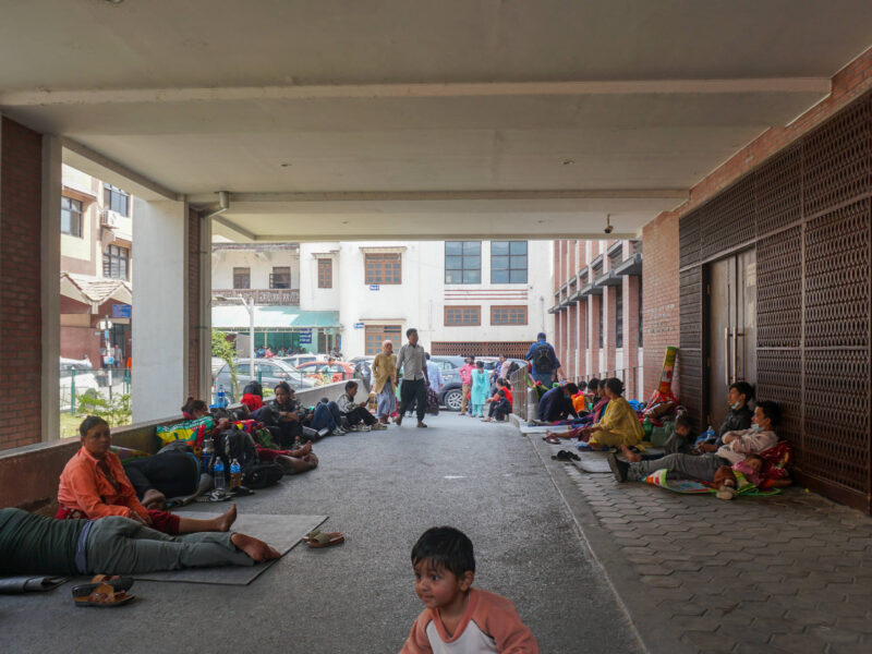 Photo of patients wait their turn outside Paropakar Maternity and Women's Hospital in Kathmandu.