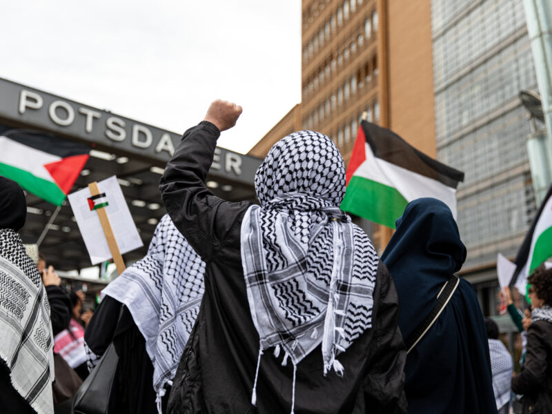 Protesters hold a demonstration at Potsdamer Platz in Berlin, Germany, on August 3, 2025, to call for a ceasefire in Gaza and denounce Israeli military actions.