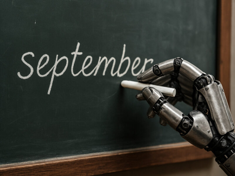 Robot hand writes on a blackboard