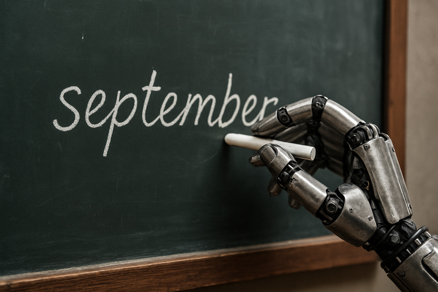 Robot hand writes on a blackboard