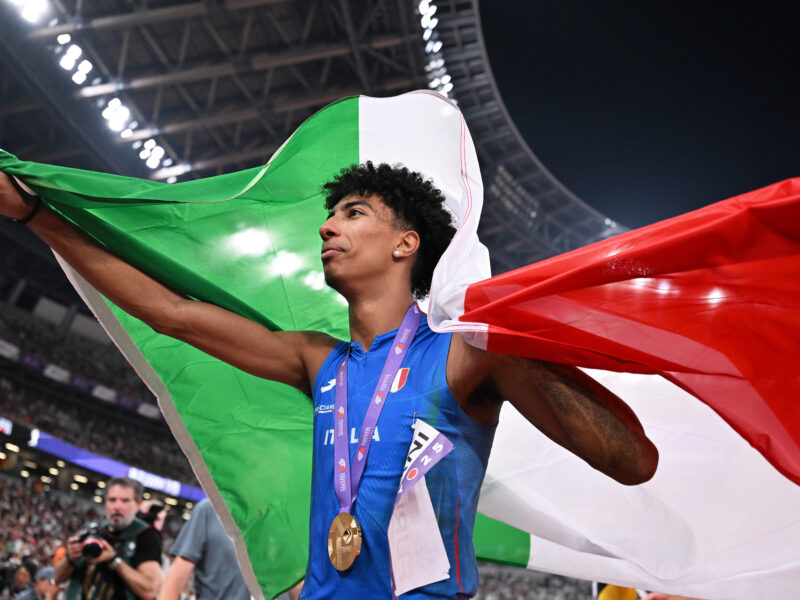 Mattia Furlani of Italy celebrates after the Men's Long Jump final at the 2025 World Athletics Championships in Tokyo, Japan, on Sept. 17, 2025.