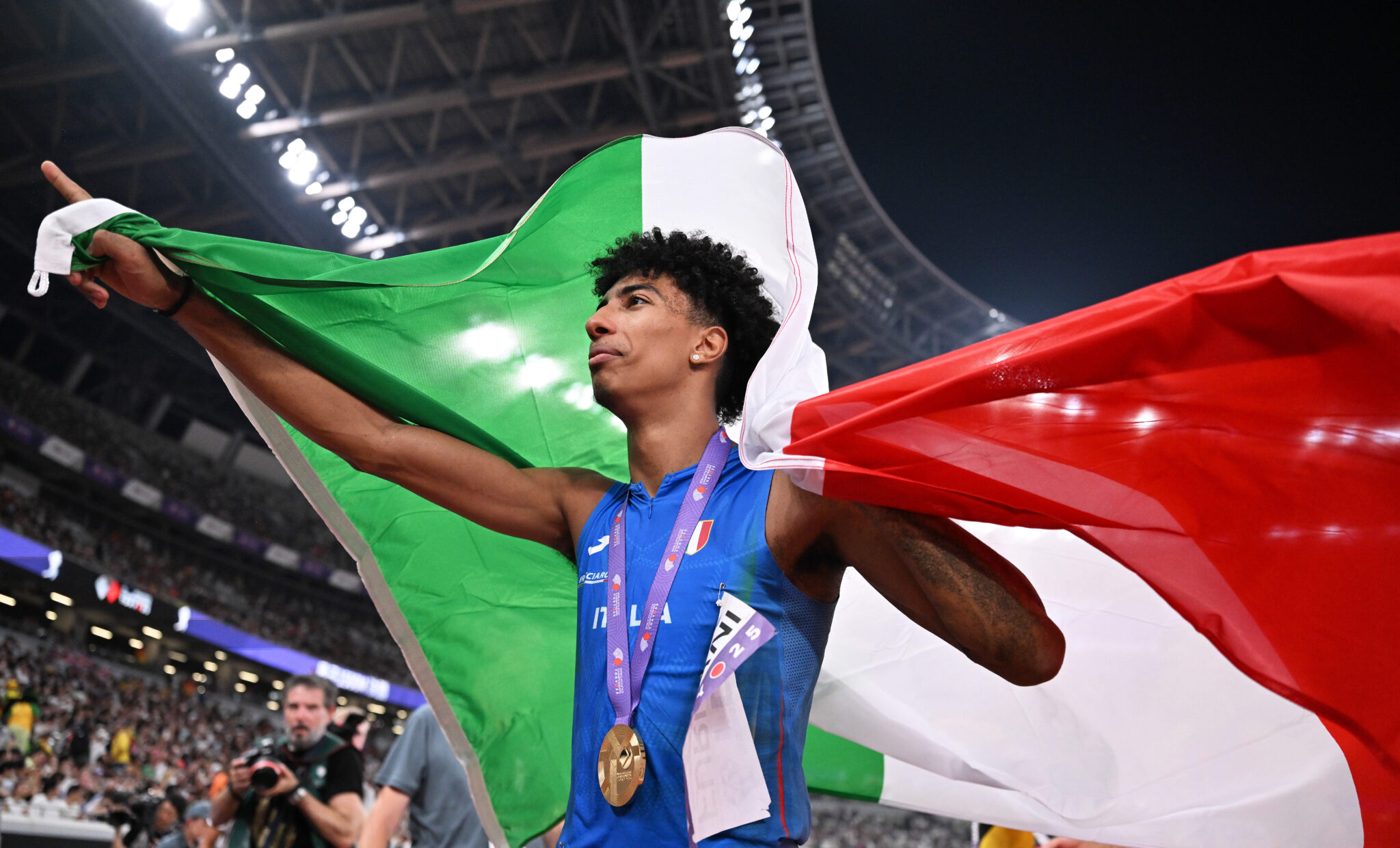 Mattia Furlani of Italy celebrates after the Men's Long Jump final at the 2025 World Athletics Championships in Tokyo, Japan, on Sept. 17, 2025.