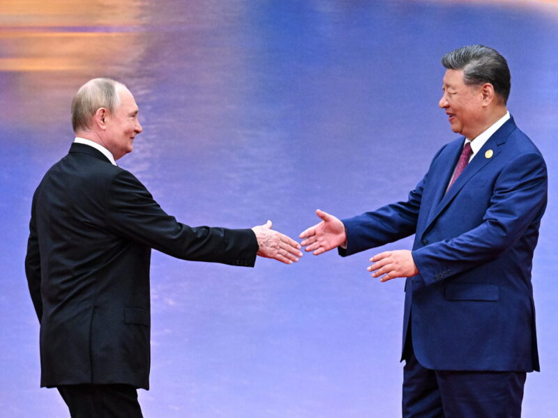 August 31st 2025, Tianjin, China: Vladimir Putin, President of Russia, and his Chinese counterpart Xi Jinping shake hands during a ceremony to welcome the heads of delegations to a meeting of the SCO