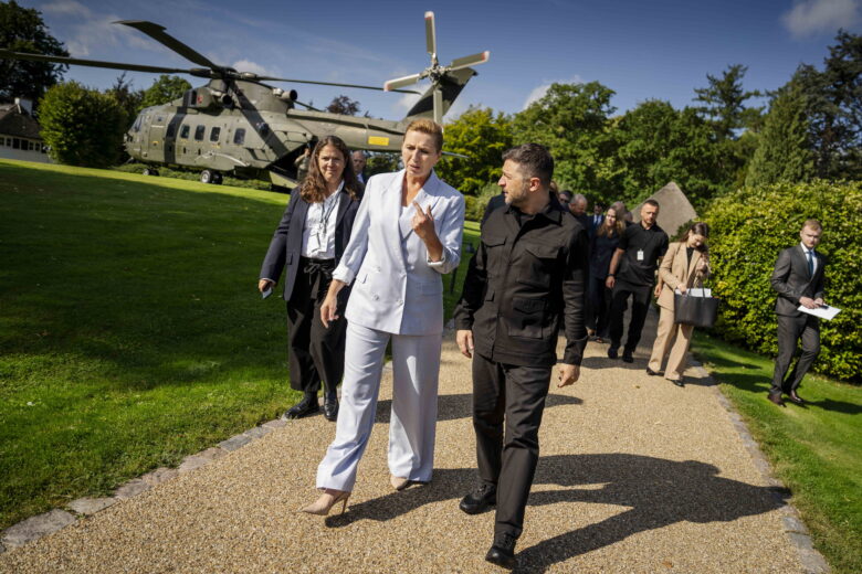 Danish Prime Minister Mette Frederiksen welcomes Ukraine's President, Volodymyr Zelensky, at Marienborg on Wednesday, September 3, 2025, in Kongens Lyngby, Denmark: