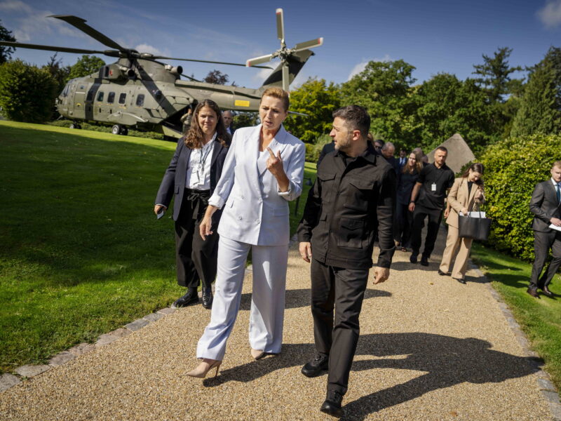 Danish Prime Minister Mette Frederiksen welcomes Ukraine's President, Volodymyr Zelensky, at Marienborg on Wednesday, September 3, 2025, in Kongens Lyngby, Denmark: