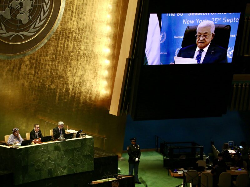 President of Palestine Mahmoud Abbas on pre-recorded video, addresses the UNGA General Debate at the UN headquarters in New York on September 25, 2025.