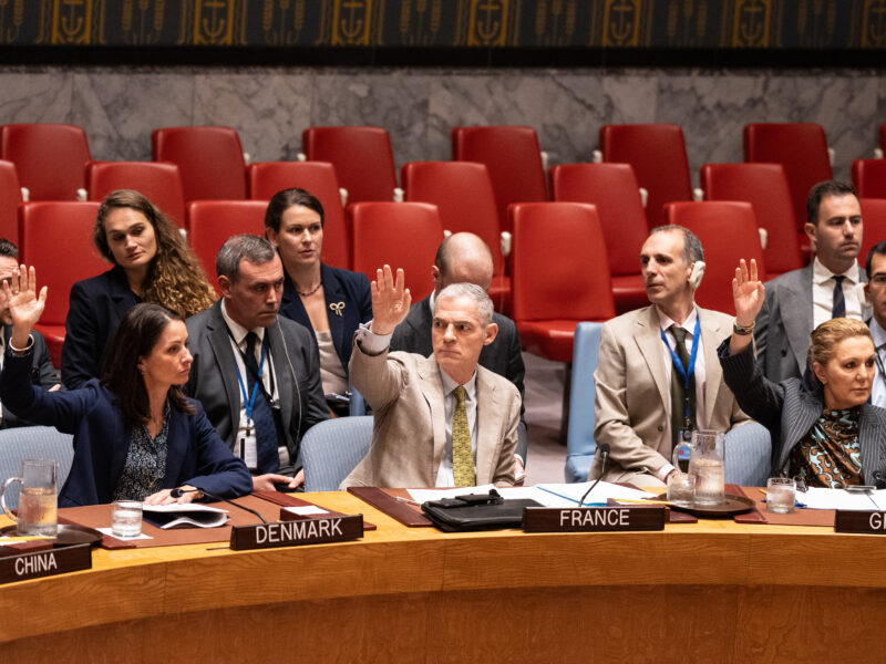 Representatives of Denmark, France and Greece vote at UN headquarters in New York, NY on September 19, 2025.