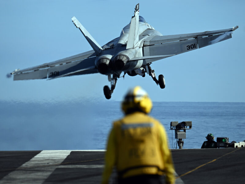 An F 18 fighter jet takes off from the USS Gerald R. Ford aircraft carrier.