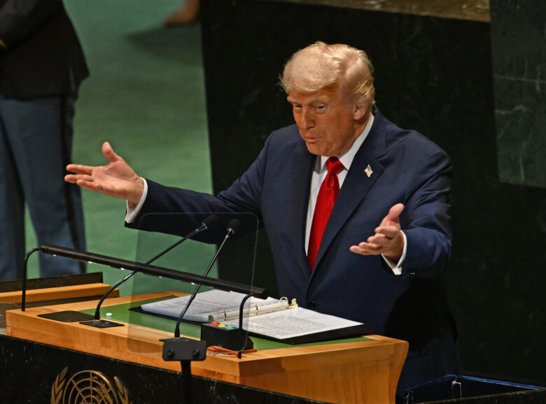 Donald Trump addresses the United Nations General Assembly on Sept. 23 2025, New York, USA.