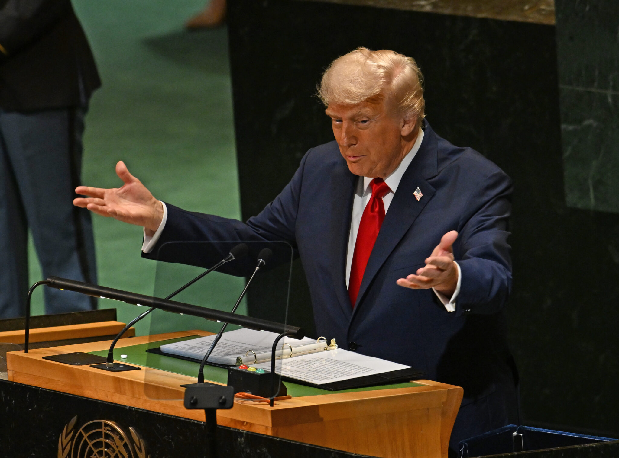 Donald Trump addresses the United Nations General Assembly on Sept. 23 2025, New York, USA.
