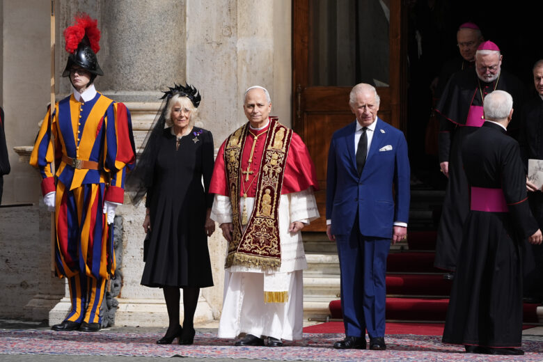 Photo of King Charles and Queen Camilla with Pope Leo XIV.