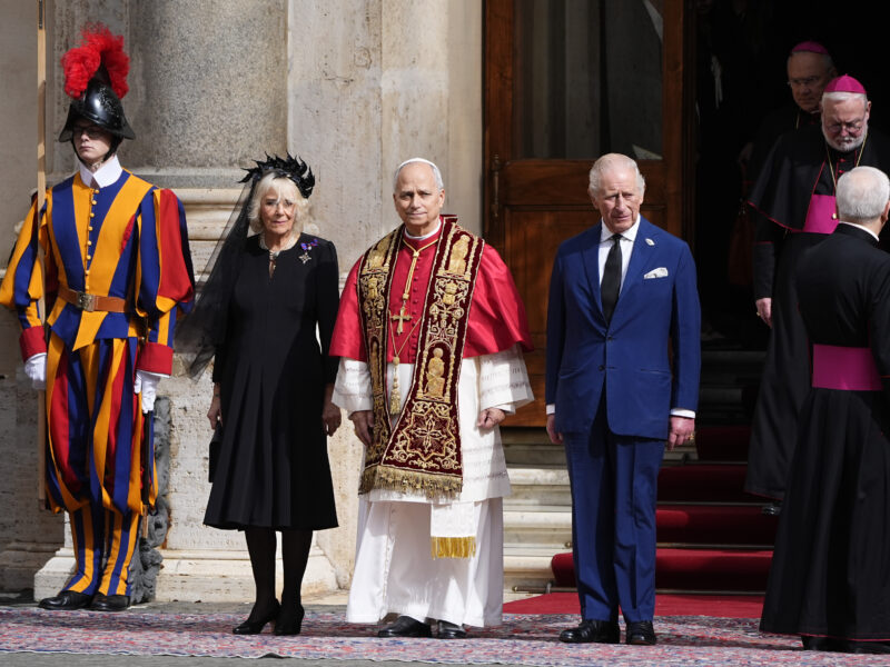 Photo of King Charles and Queen Camilla with Pope Leo XIV.