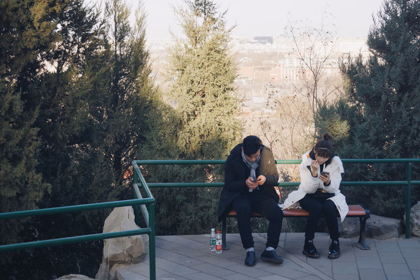 Couple sitting on a bench, phones in hand