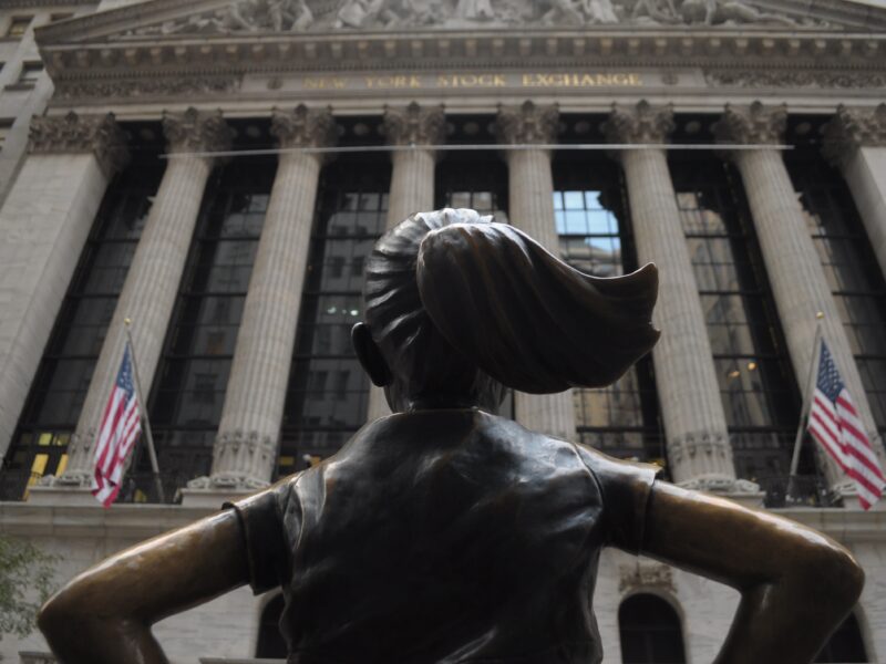 The ''Fearless Girl'' statue in front of the New York Stock Exchange in the Financial District in Manhattan, New York City.
