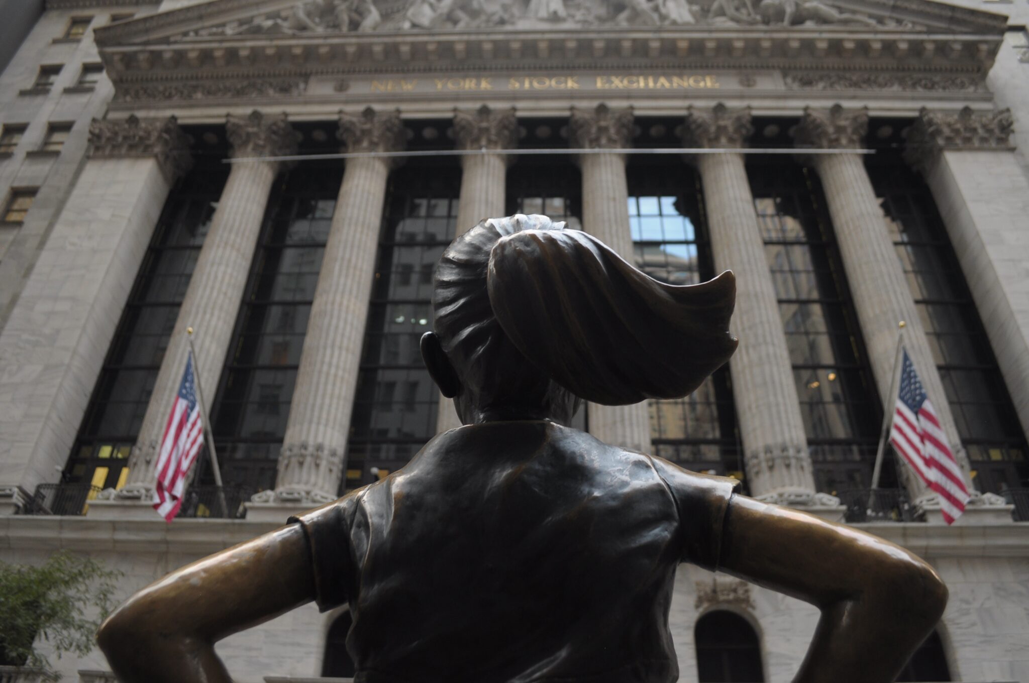 The ''Fearless Girl'' statue in front of the New York Stock Exchange in the Financial District in Manhattan, New York City.