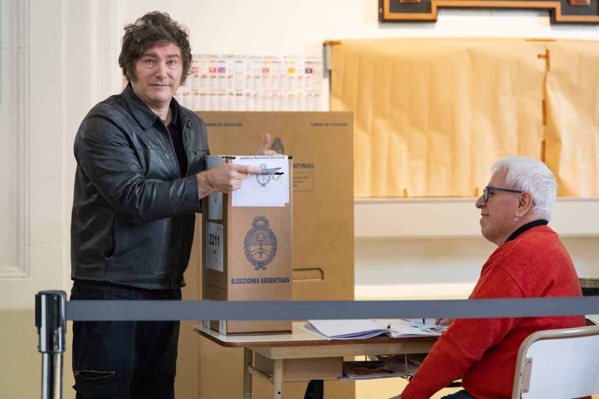 President Javier Milei casts his vote at the Argentine Technological University during Argentina's midterm elections