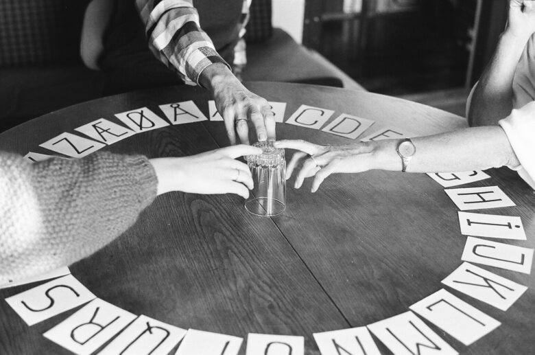 Photo of a reconstruction of a ouija board from 1987.